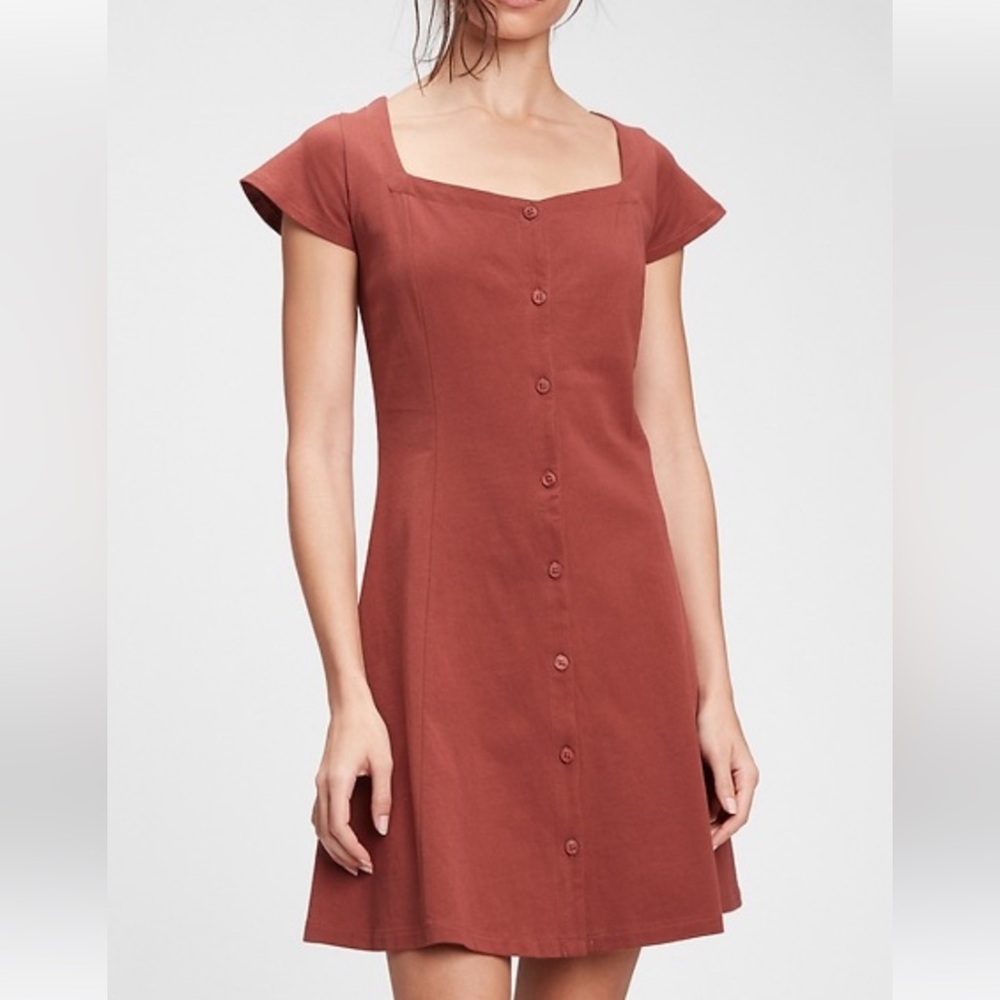 GAP Burnt Russet Red Button-Front Flare Mini Dress